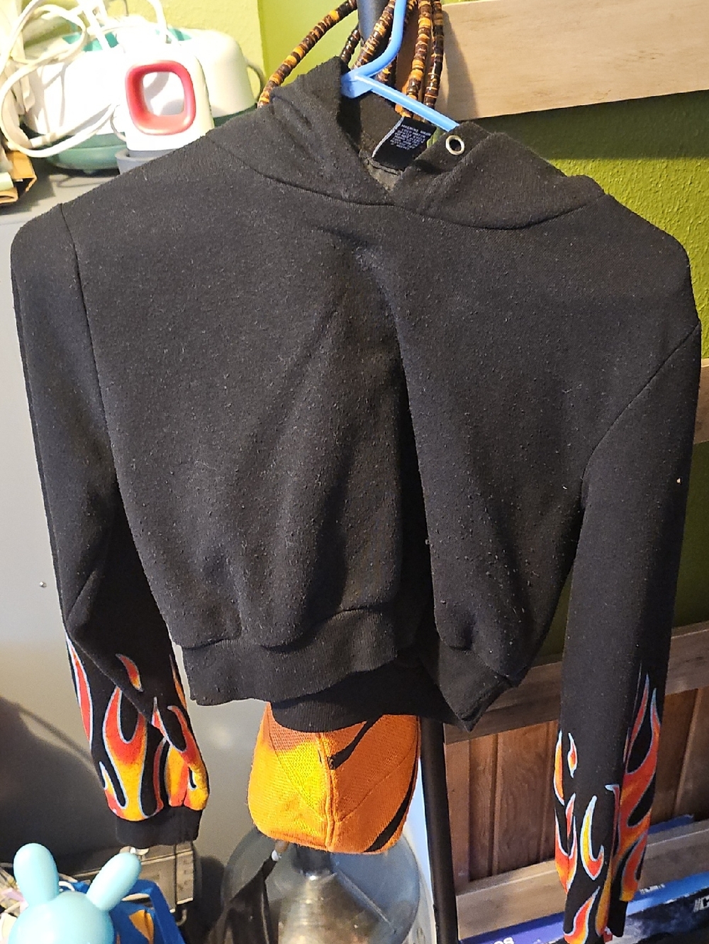 Rue 21 Black Cropped Hoodie with Flame Sleeve Detail